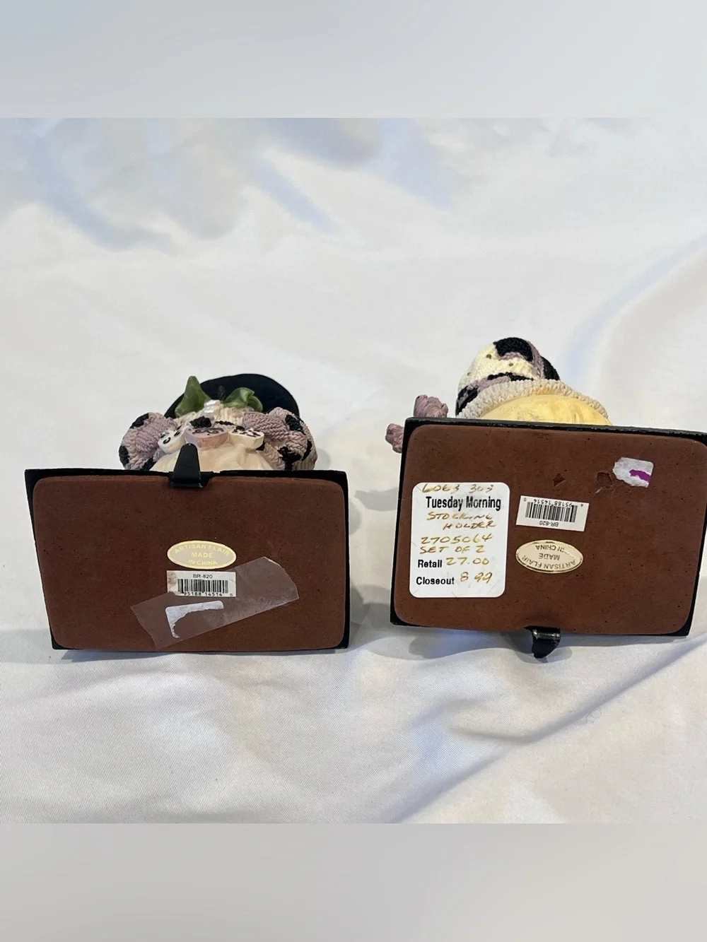 Vintage Artisan Flair Plum Pudding Snowman Stocking Holders Set of 2